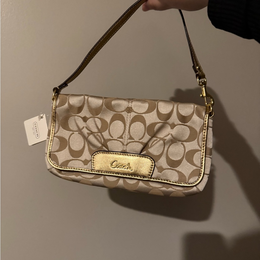 Coach Signature Tan and Gold Shoulder wristlet Bag